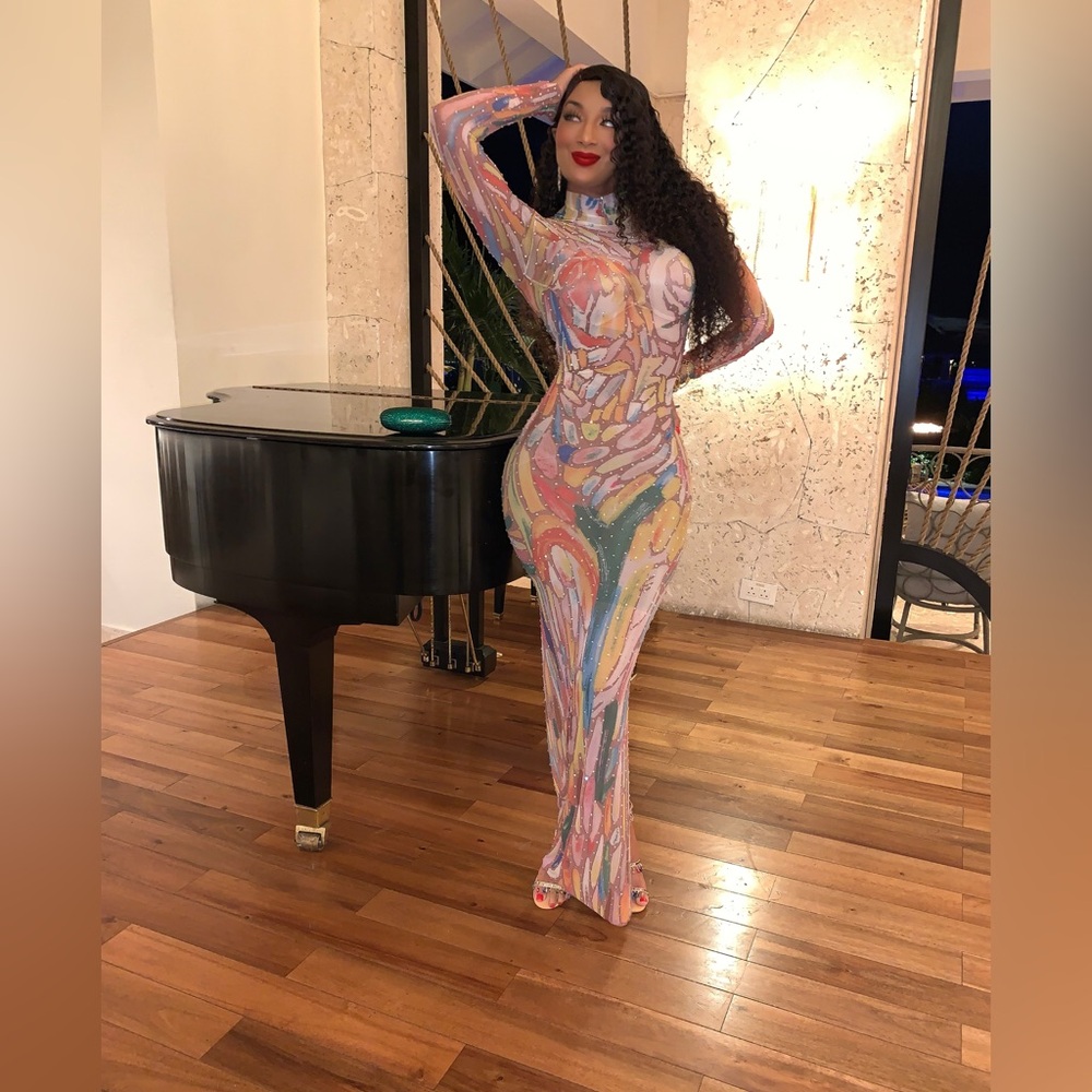 Multicolor Bedazzled Abstract Maxi Dress